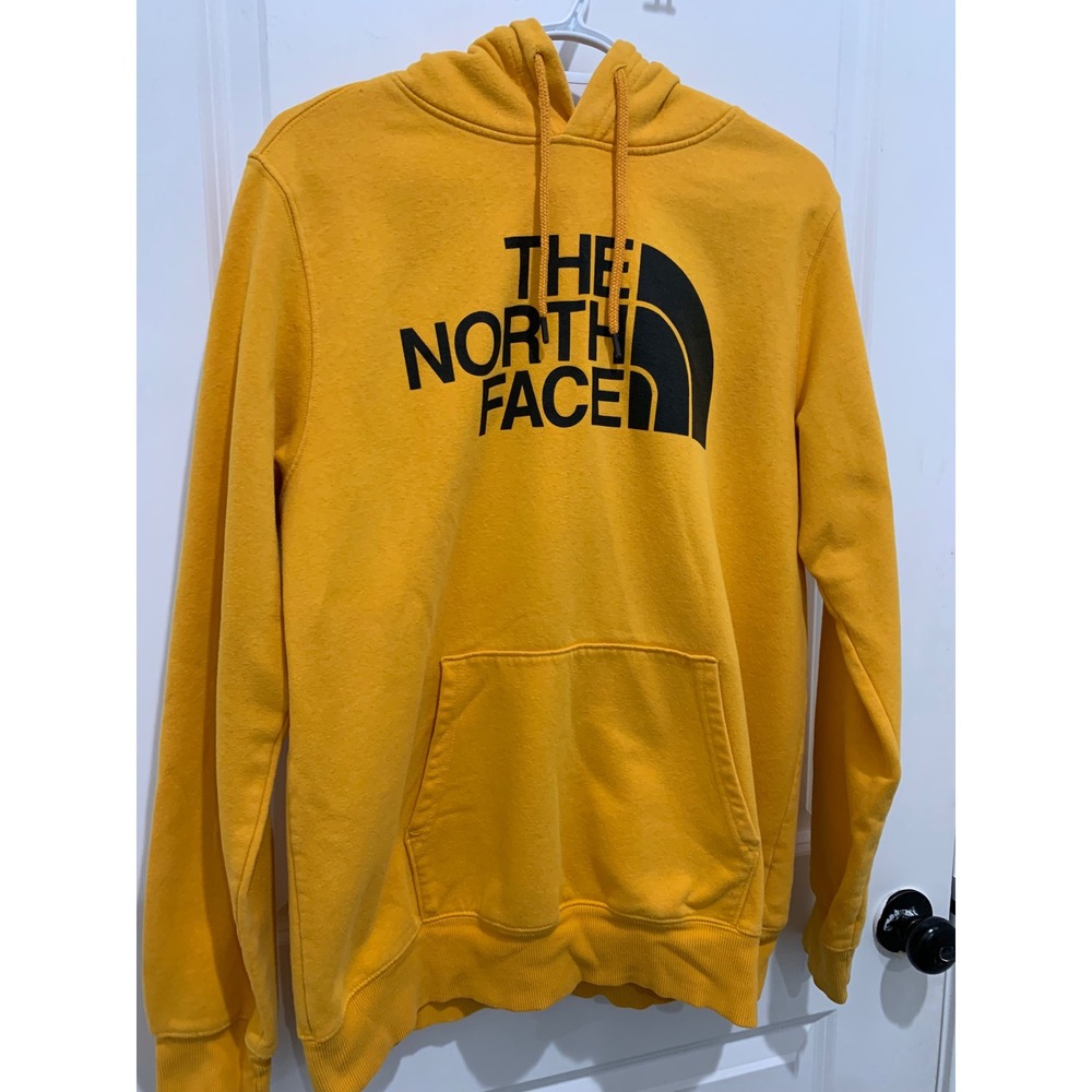 The North Face Mens Half Dome Pullover Hoodie Yellow Black Logo Large